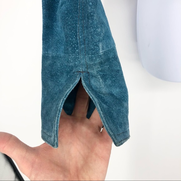 AMI Small Turquoise Blue 100% Leather Washable Suede Full Zip Collar Jacket NWT - Picture 6 of 8